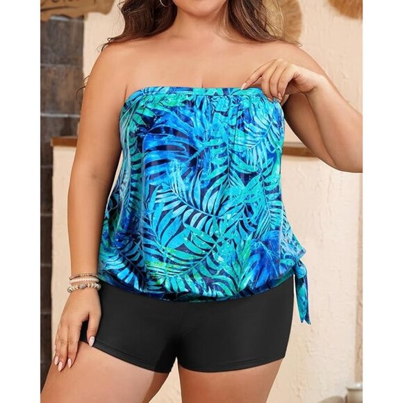 Tempt Me Bandeau 2-Piece Blouson Top High Waist Boyshorts Swimsuit Set Size 18W - Picture 7 of 14